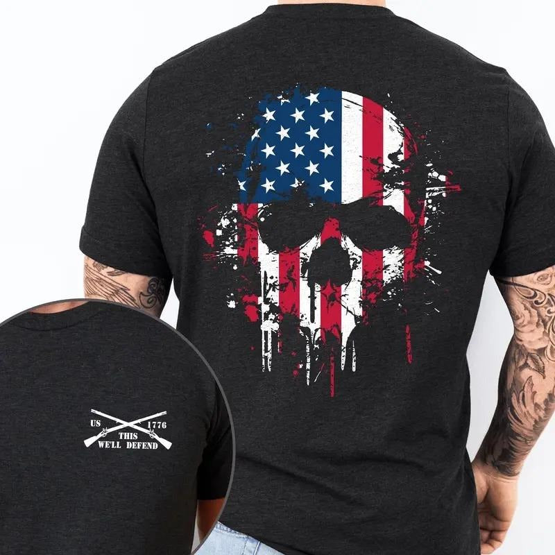 Patriotic American Flag Skull TShirt Regular Fit Street Round Neck Short Sleeve Shirt,Menswear, America 4th of July T-Shirt, Menswear Graphic Tee Top