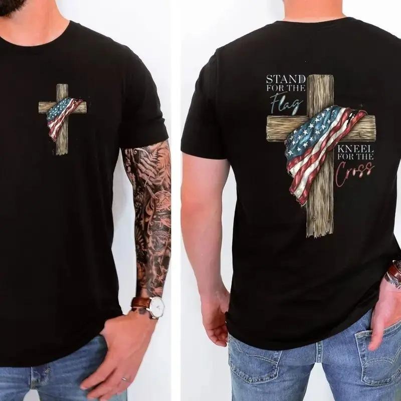 Stand For The Flag Kneel For The Cross 4th Of July T-Shirt, Graphic Cotton Tee for Men Women, Back to School, Casual Top Unisex