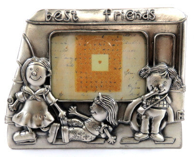 Heavy pewter picture frame with three children in front of a school bus and the words "best friends" across the top of the frame pf98